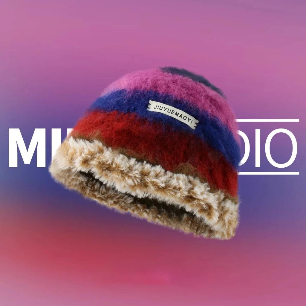 Cute Dopamine Wind Japanese Handmade Crochet Knitted Bucket Hat Rainbow Rhombus Plaid Wool Bucket Winter Basin Hat Bucket Hat