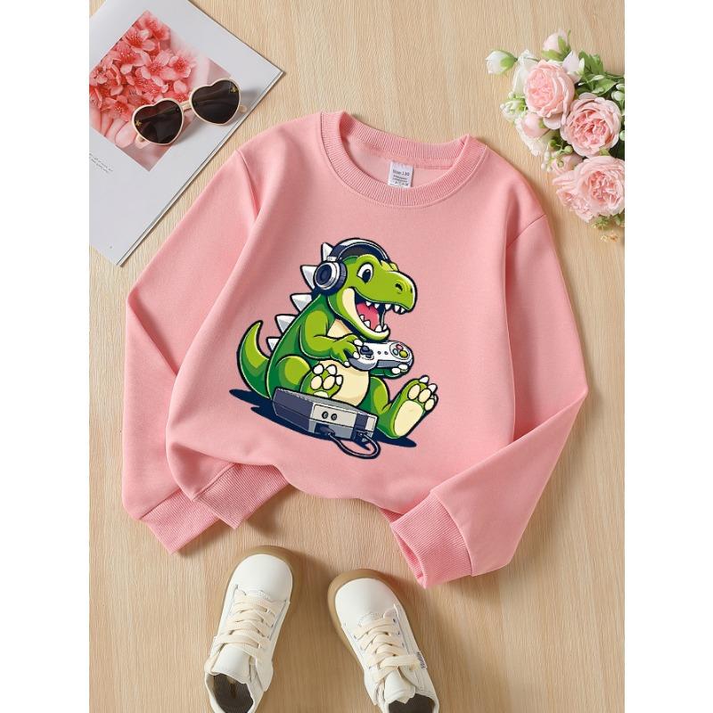 European sizes Dino Gamer Controller Headphones Console Girls' Crew Neck Sweatshirt, Western Style, Long-Sleeved, Casual Colors for Young Girls.