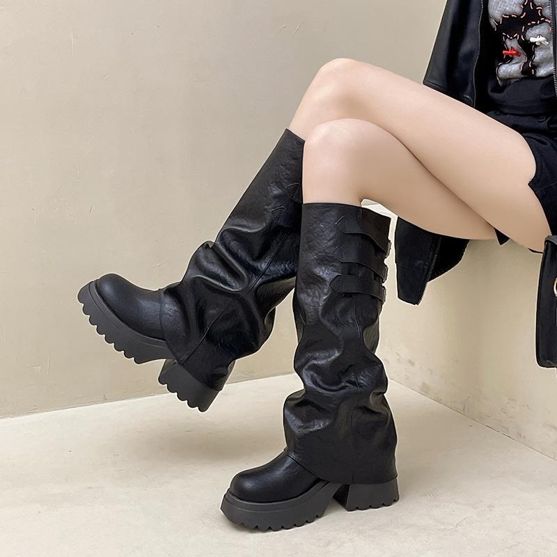 Fashion versatile boots retro leather boots solid color temperament thin trouser tube boots autumn and winter thick heel thick sole women's knight bo