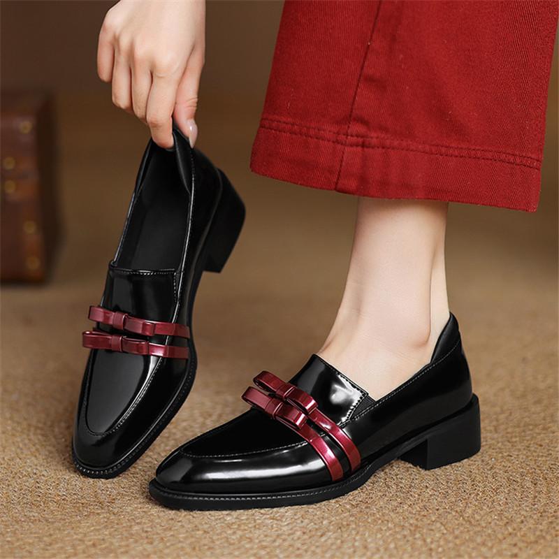 Fashion New Spring Patent Leather Woman Shoes Square Toe Women Pumps Shoes for Women Chunky Heel Loafers Sheepskin Leather Casual Shoes
