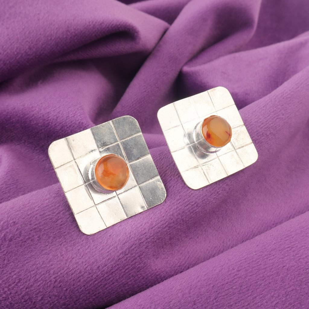 Round Natural Carnelian Push Back Trendy Wedding Stud Earrings Sterling Silver EE-146-36