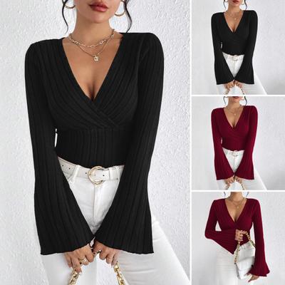 Women Bottoming Tops V-neck Flared Long Sleeve Slim Fit Knitting Tops Solid