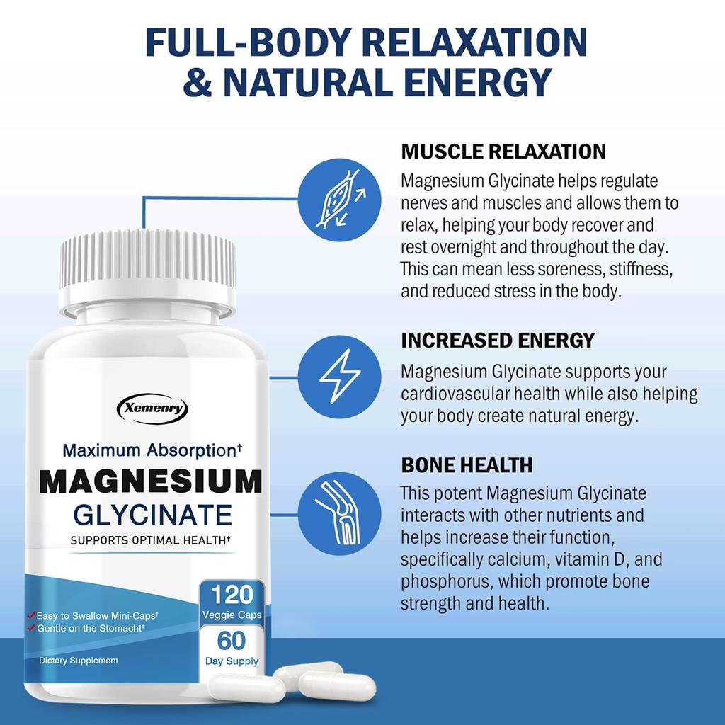 Kapseln mit hochreinem Glycin-Magnesium-Extrakt, rein natürlich, 120 Kapseln pro Packung, für Erwachsene geeignet.