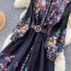 Vintage Black Floral Printted Maxi Dress Long Chiffon Sleeve Elegant Spring Palace Print Single-breasted Shirt Dress with Belt