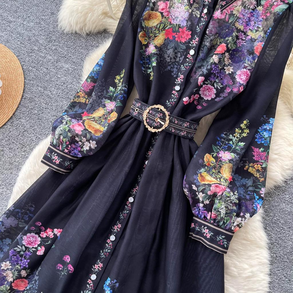 Vintage Black Floral Printted Maxi Dress Long Chiffon Sleeve Elegant Spring Palace Print Single-breasted Shirt Dress with Belt
