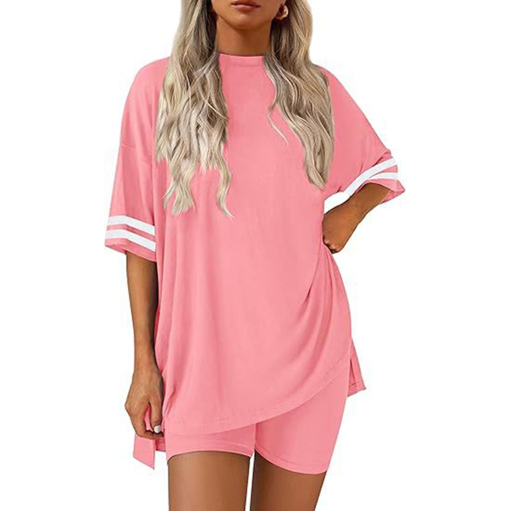 Women's Fashion Casual Round Neck Color,Block Short Sleeve T,Shirt And Slim Shorts Home Wear Set