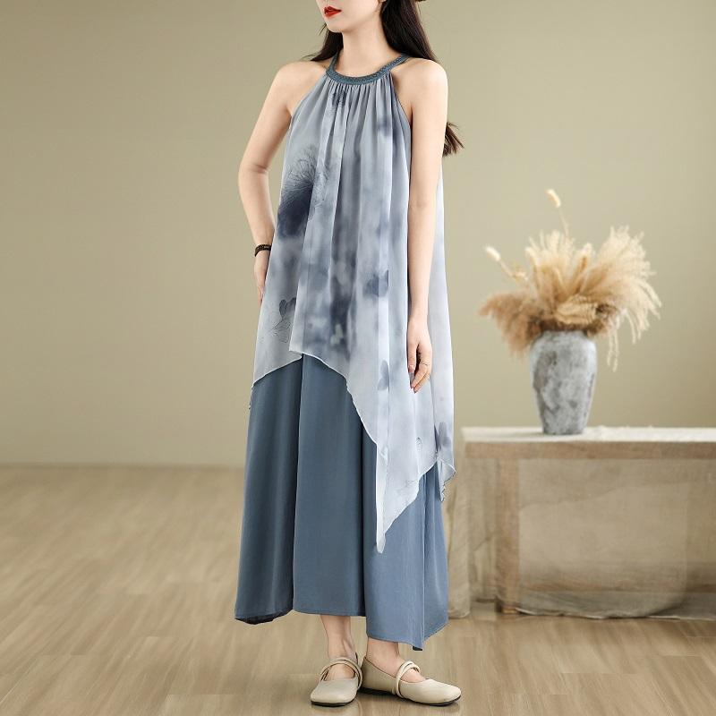 

Dimanaf 2025 Лето Женское Платье Больших Размеров Платье с Принтом Без Рукавов Базовое Винтажное Повседневное Свободное Макси Платье One Size серый