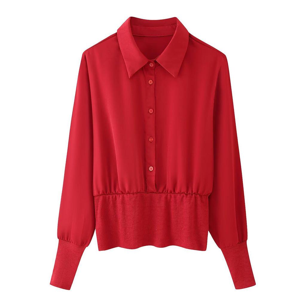 2025 Spring Women's European & American Style Ribbed Turn-Down Collar Shirt