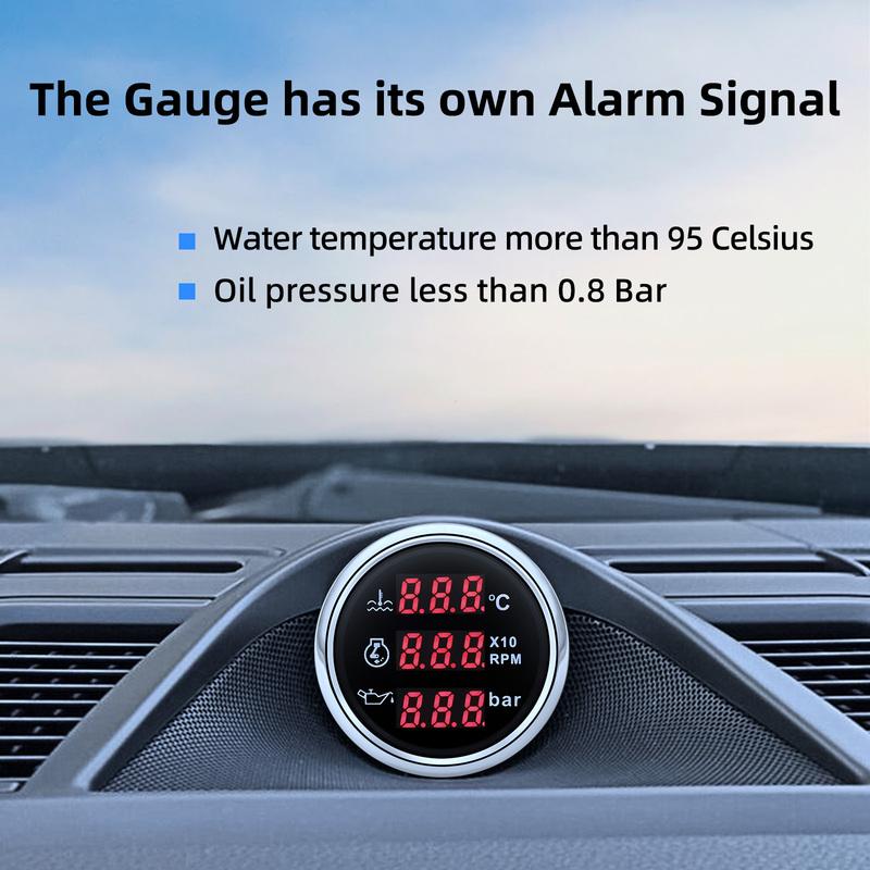 3 in 1 Gauge Tachometer+Oil Pressure+Water Temperature Gauge With Alarm 0-10Bar Oil Press Sensor for 12V 24V Car Boat Marine