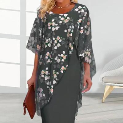 Women Dress Flower Print Fake Two-piece Irregular Sheath Round Neck Chiffon Patchwork Half Sleeves OL Commute Formal Party Prom Midi Dress