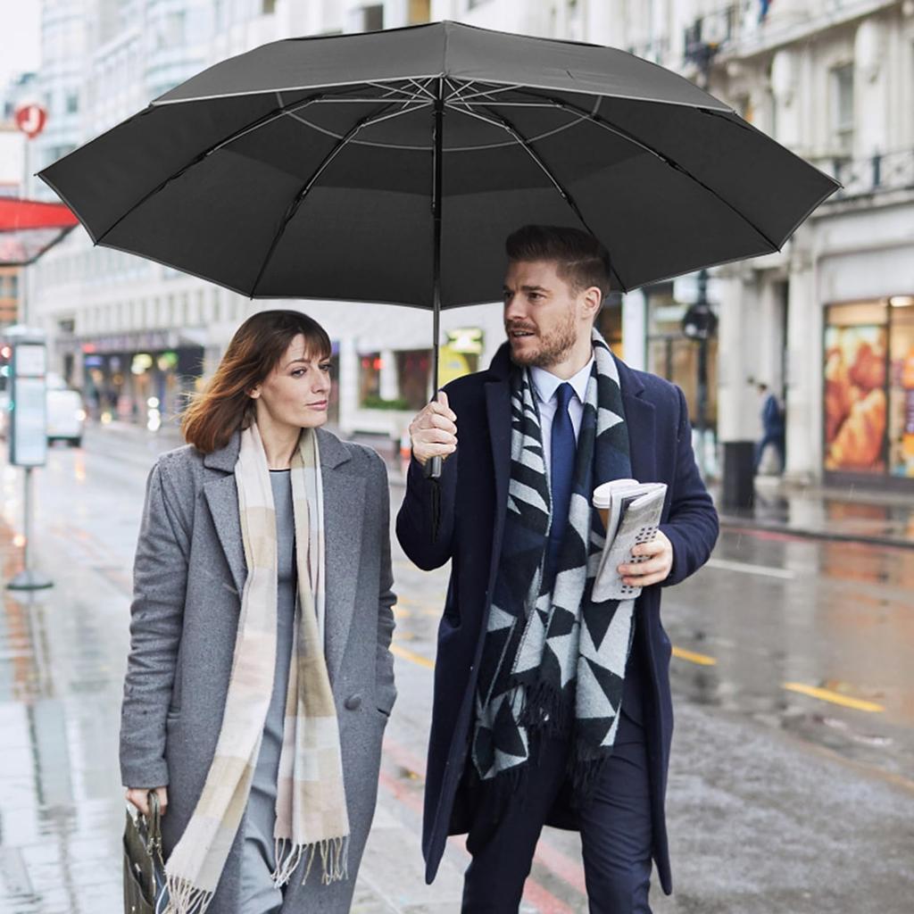 G4Free Windproof Inverted Umbrella with Reflective Large Compact Reverse Golf Umbrella for Double Canopy Travel Umbrella with Auto 62-inch Stripes,