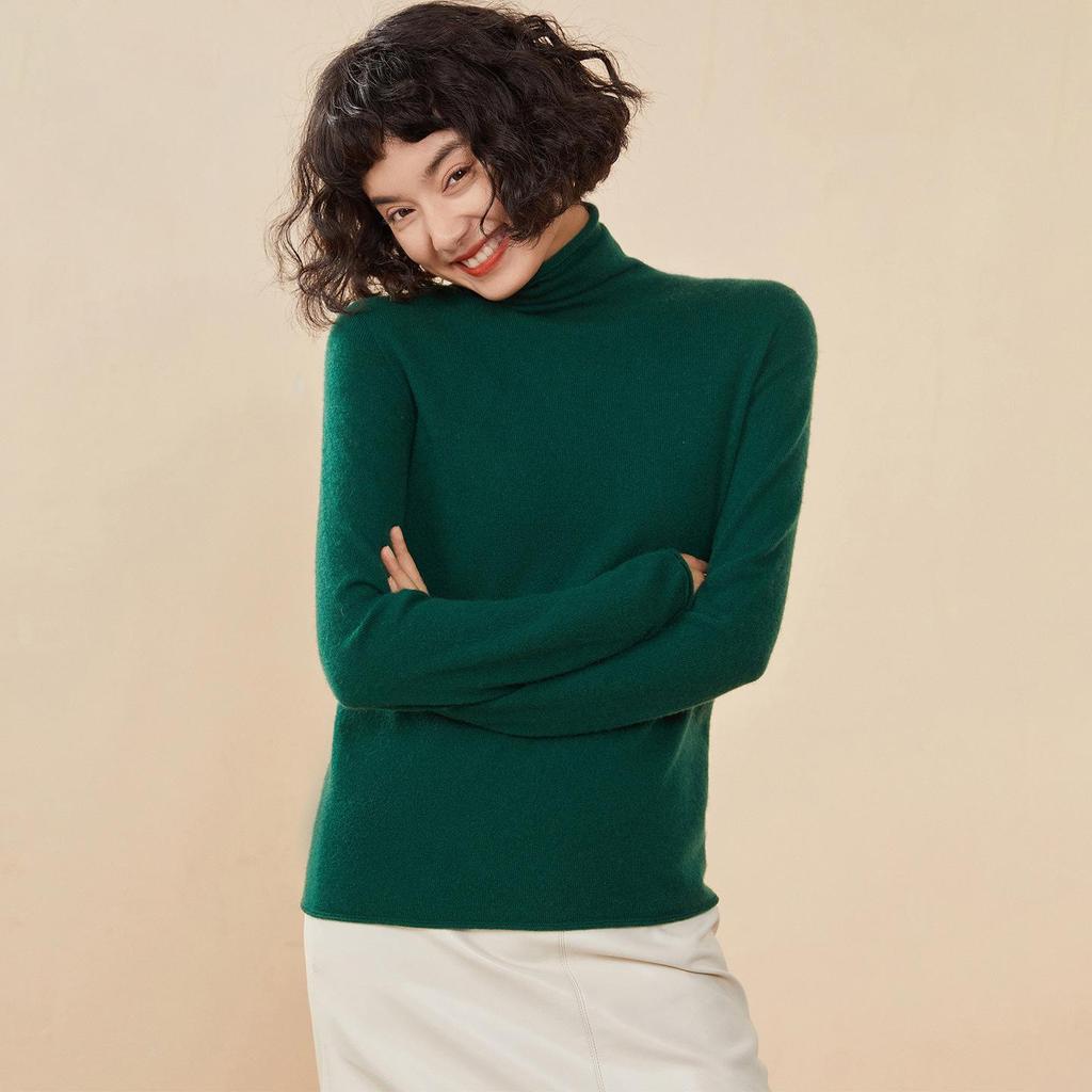 Women's Solid Color Cashmere High Neck Sweater - Loose Knit, Seamless Wool Base Layer