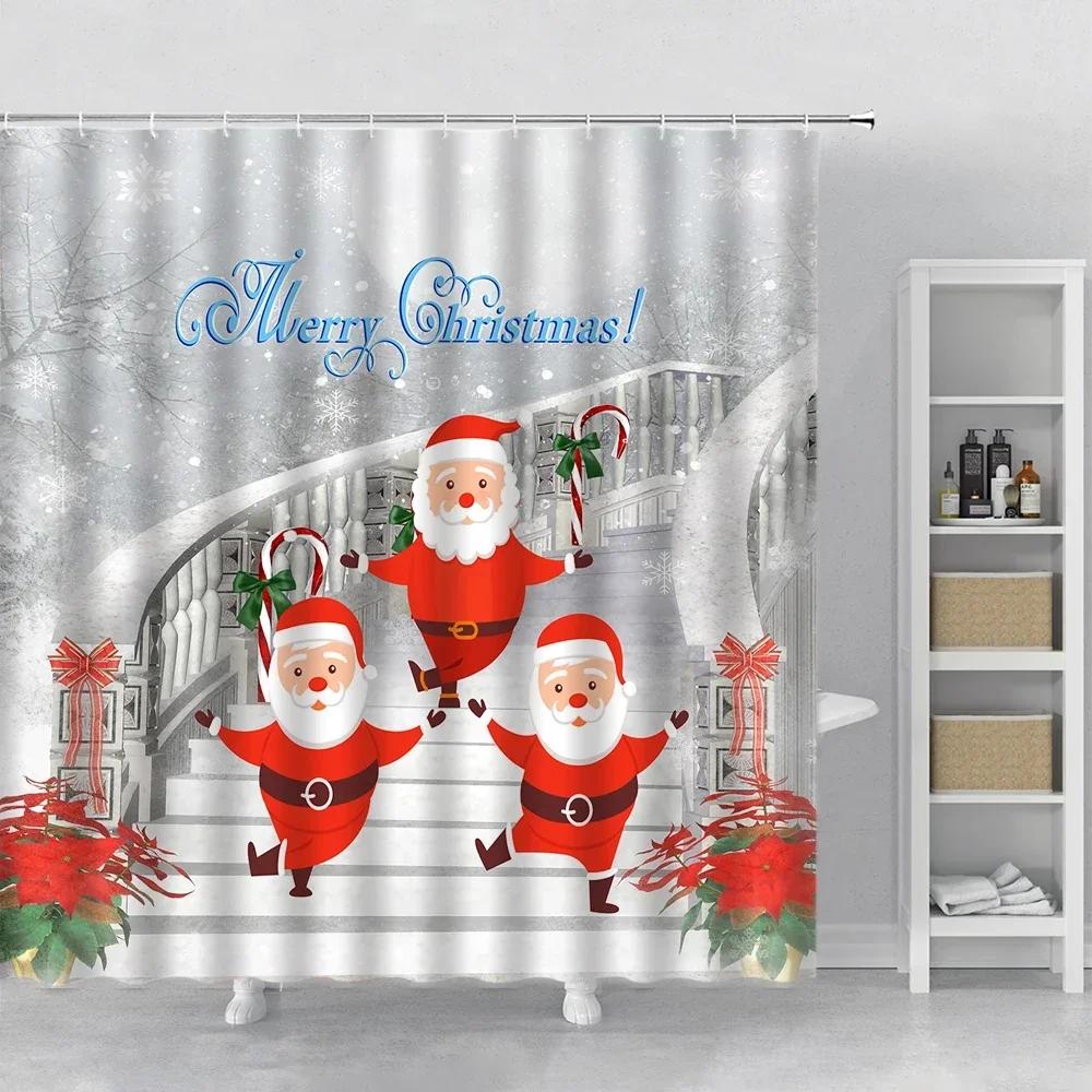 

Рождественские шторки для душа Лестница Санта Клаус Танцующие принты для фотографии Тканевый студийный фон Новый год Дом Ванная комната 200X140CM-78.74X55.1