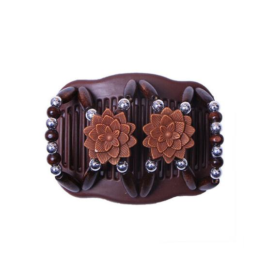 Women Vintage Wooden Beads Magic Hair Comb Hairpin Clip Double Slide Headwear