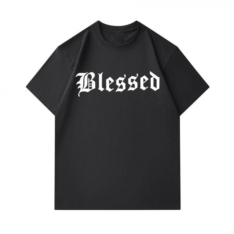 Men's 100% Cotton Crew Neck Short Sleeve T-Shirt, Casual Blessed Gothic Letter Print Breathable Soft Daily Wear Tees for Men Streetwear Fashion Comfy