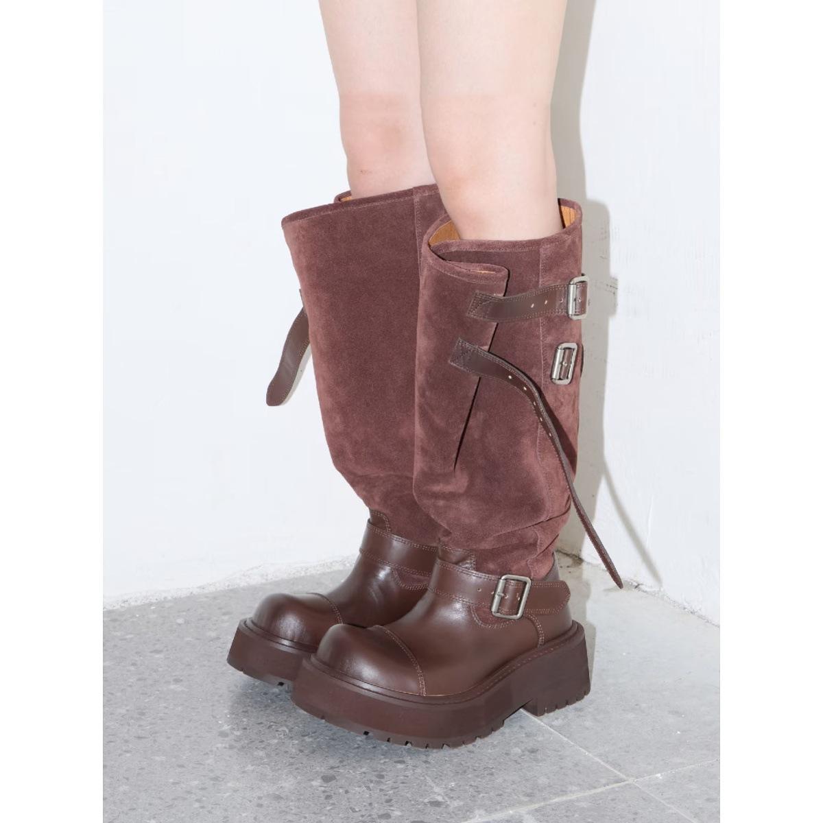 

Leather~ Thick-soled retro but knee boots women s widened version new suede retro wind stacking boots tooling boots 35
