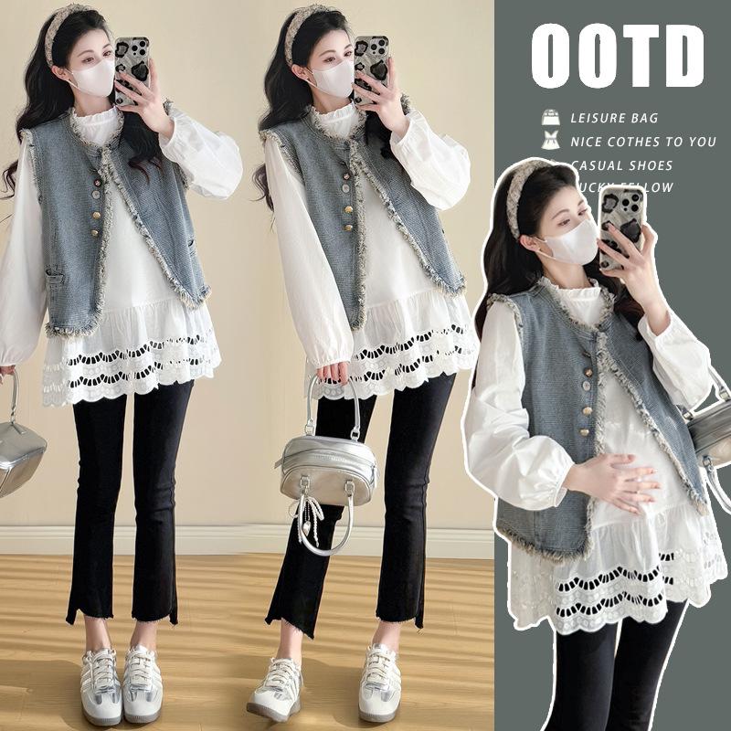 Spring 2026 Tassel Denim Vest & Korean Lace Patchwork Shirt Two-Piece Set