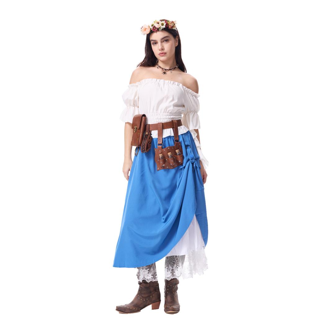 Women's Costume Off Shoulder Top Irregular Skirt Vintage Outfit With Decoration