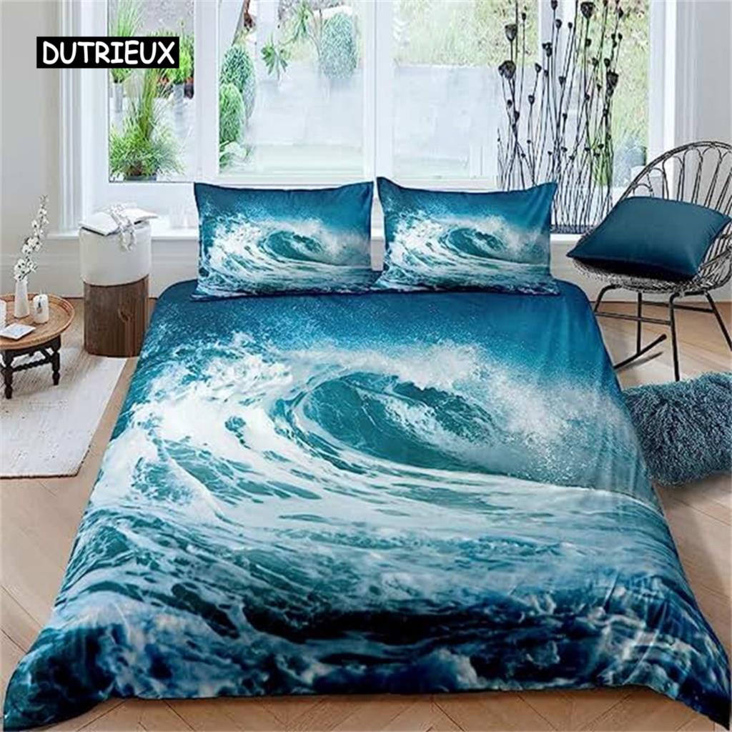 Blue Ocean Duvet Cover Waves Bedding Set Hawaiian Tripocal Sea Wave Sea Beach Bedding Comforter Cover Microfiber for Women Men