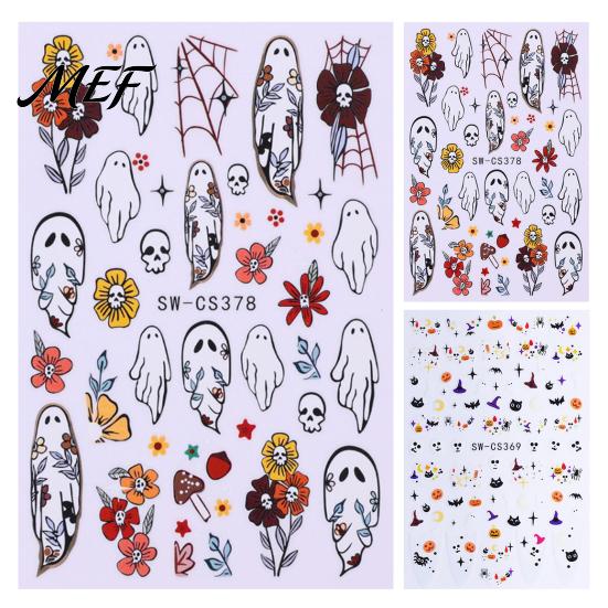 Spooky Ghost Nail Decals Halloween Art Stickers, Flower Skull Spider Web Self-Adhesive Accessories Manicure Decals, DIY Supplies for Women Girls