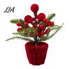Holiday Table Plants Velvet Christmas Ball Potted Plants, Mini Tree with Artificial Pine, Desktop Red Berry, Fabric Bow, Tabletop Centerpiece for Xmas