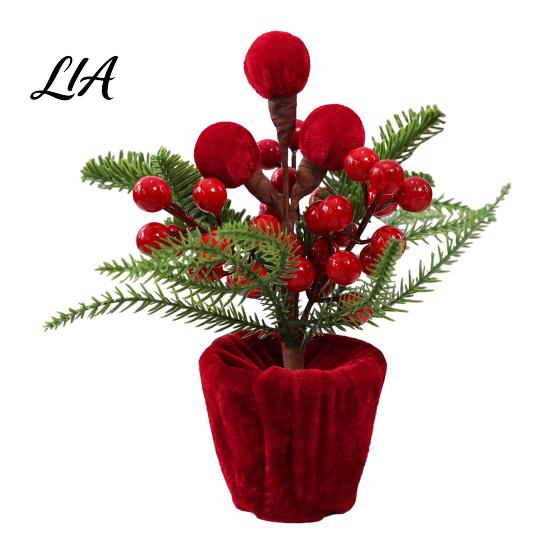 Holiday Table Plants Velvet Christmas Ball Potted Plants, Mini Tree with Artificial Pine, Desktop Red Berry, Fabric Bow, Tabletop Centerpiece for Xmas
