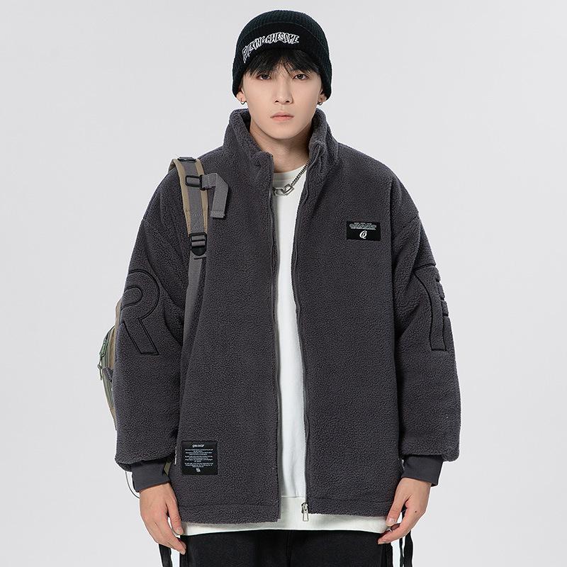 Lamb wool jacket men's new fashion embroidered granular fleece couple autumn and winter sweater loose thickened warm cotton-padded coat