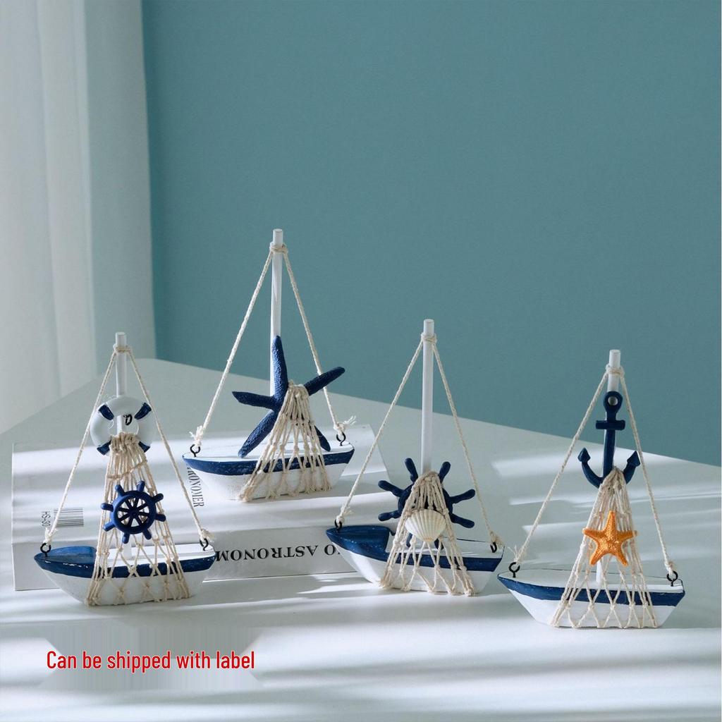 Mediterranean Wooden Sailboat Model with Cotton Rope Net - Mini Desktop Ornament & Photo Prop