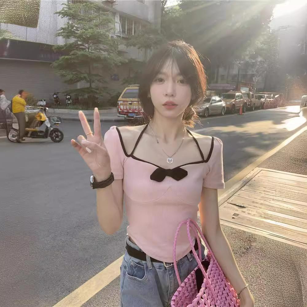 Pure desire bow short sleeve slim fit slim waist T-shirt Spice girl sexy fashion versatile niche irregular top