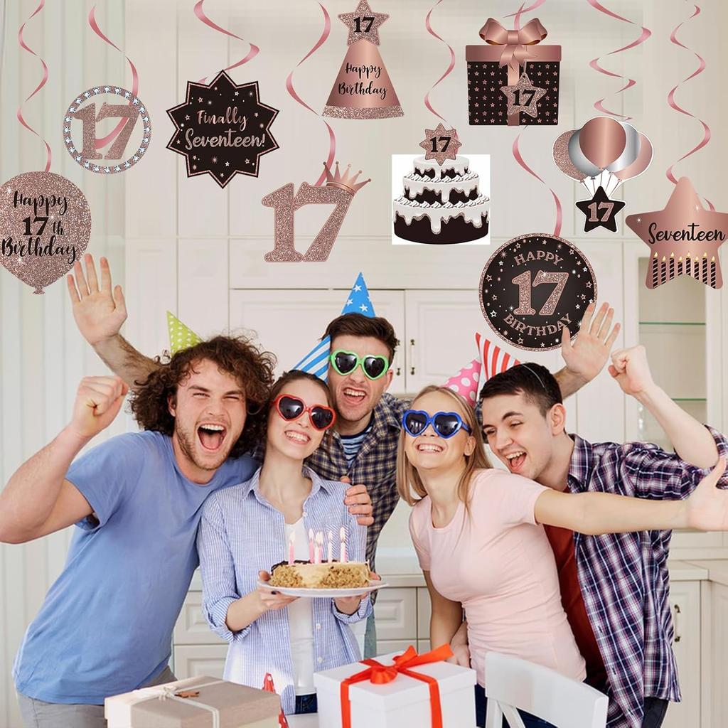 BRT Bearingshui Happy 17th Birthday Party Hanging Swirls Streams Ceiling Decorations, Celebration 17 Foil Hanging Swirls with Cutouts for 17 Years