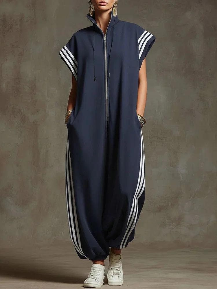 European & American Spring/Summer Striped Zipper Stand Collar Jumpsuit 2XL
