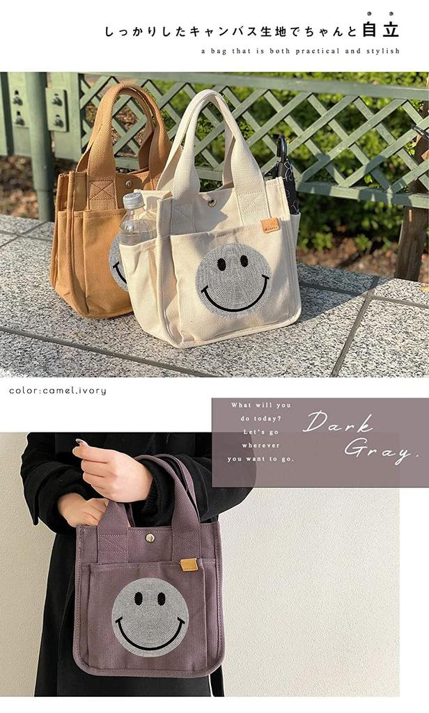 [DIVA Rose] Mini Tote Bag, Small, Lightweight, Canvas, Dividers, Pockets, Smile (Border Blue)