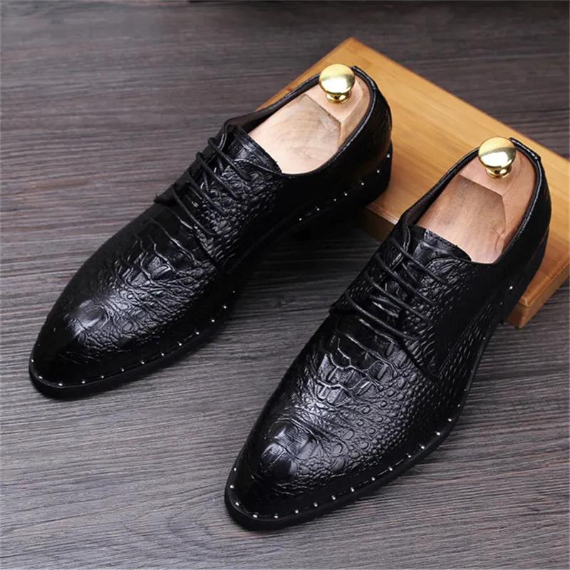 2025 Fashion Men's Alligator Grain Leather Dress Shoes Man Casual Pointed Toe Oxfords Mens Lace-Up Business Office Oxford Shoe