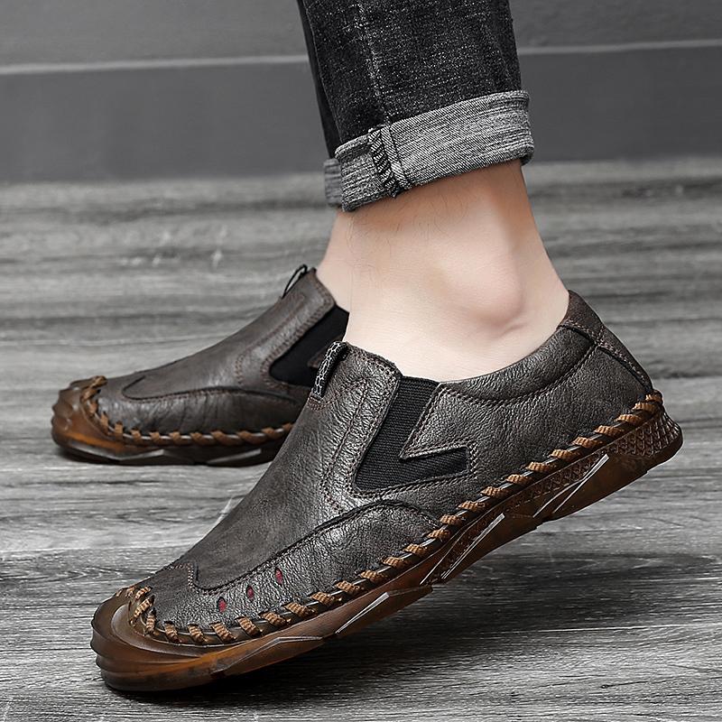 Men's Casual Shoes Spring Summer Leather Slip-On Breathable Sports Shoes Round Toe Rubber Outsole Comfortable Lazy Shoes