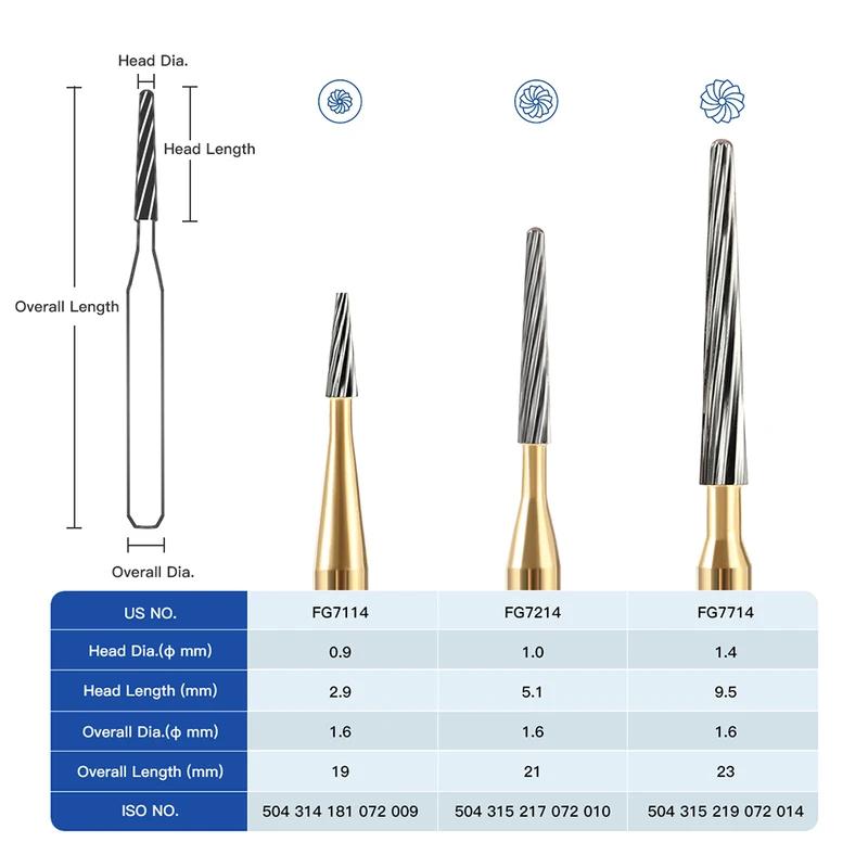 5Pcs Dental Carbide Burs FG7114 FG7214 FG7714 High Speed Drill Trimming Finishing Tool