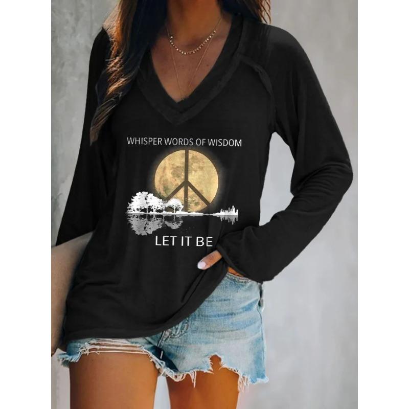 Ilstile Women's Hippie Style Print T-Shirts Long Sleeve V Neck Tops Casual Loose Tees Fashion Female Clothing