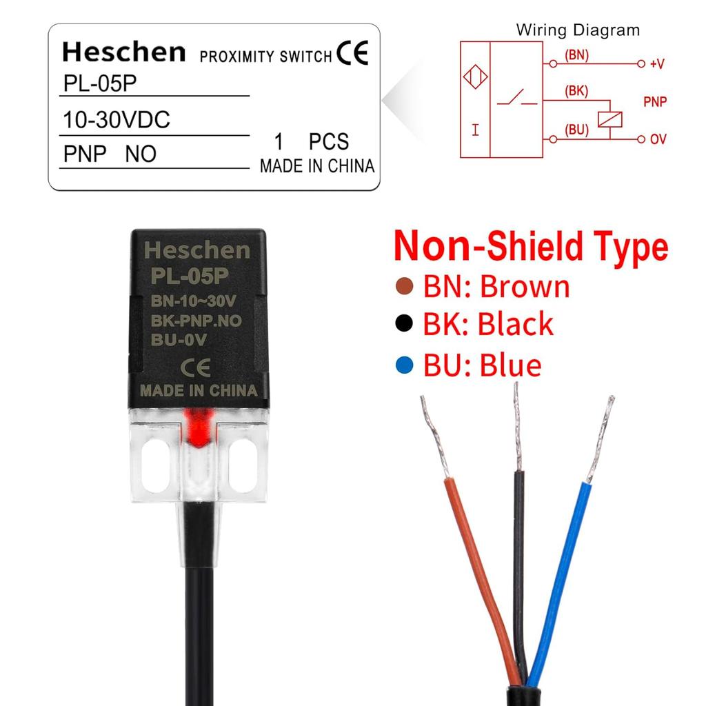 Heschen Square Inductive Proximity Sensor Switch, Non-Shield Type, PL-05P, Detector Distance 5mm, 10-30VDC 200mA, PNP Normally Open(NO), 3 Wire