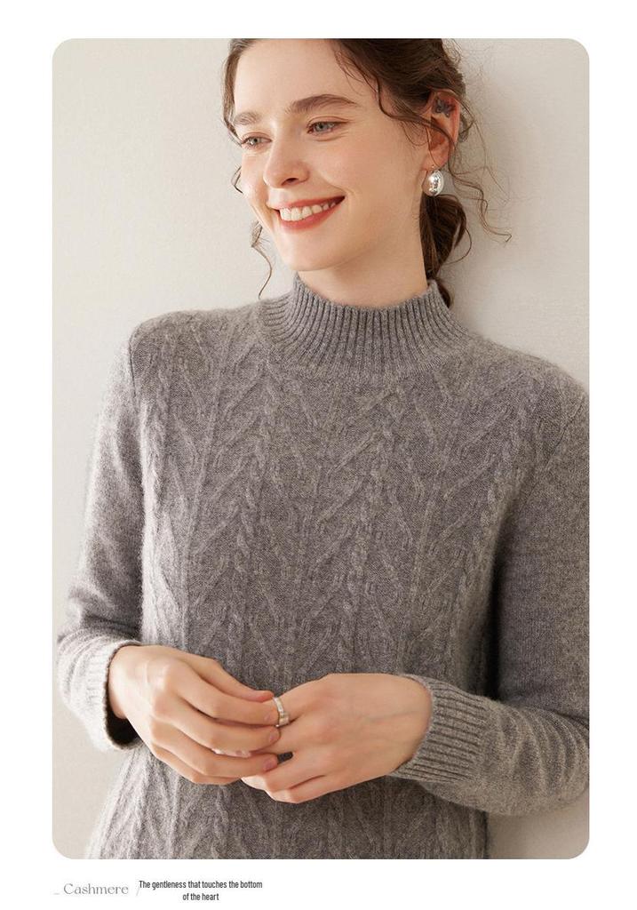 2024 Autumn/Winter Plus Size Cashmere Cable Knit Dress – Women's Mid-Length European/American Style with Half-High Neck