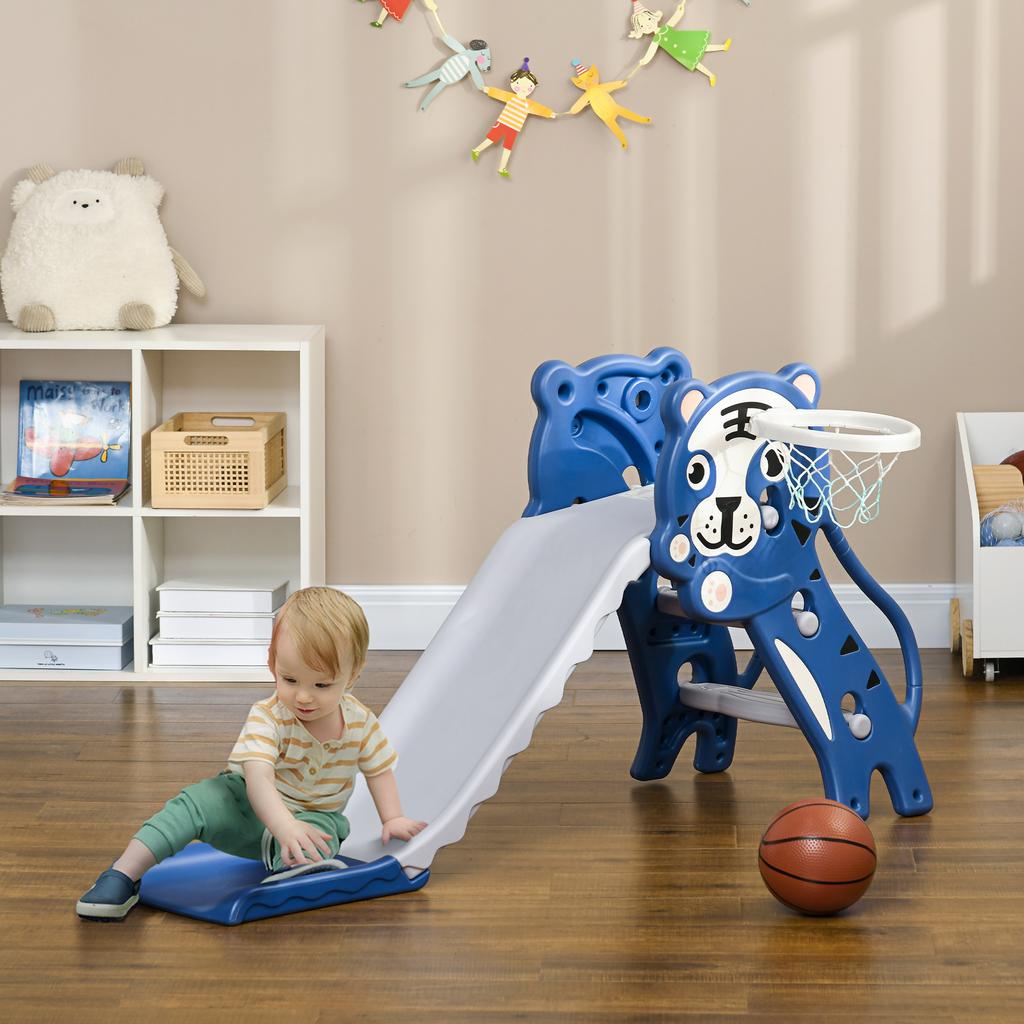 3 In 1 Baby Slide for Indoor Use with Climber, Basketball Hoop, Basketball, for Ages 18-36 Months - Blue