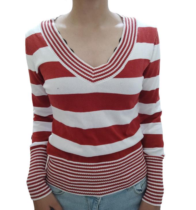 Women's Striped Sweetheart Neck Bodycon Sweater with Flare Sleeves - 2022