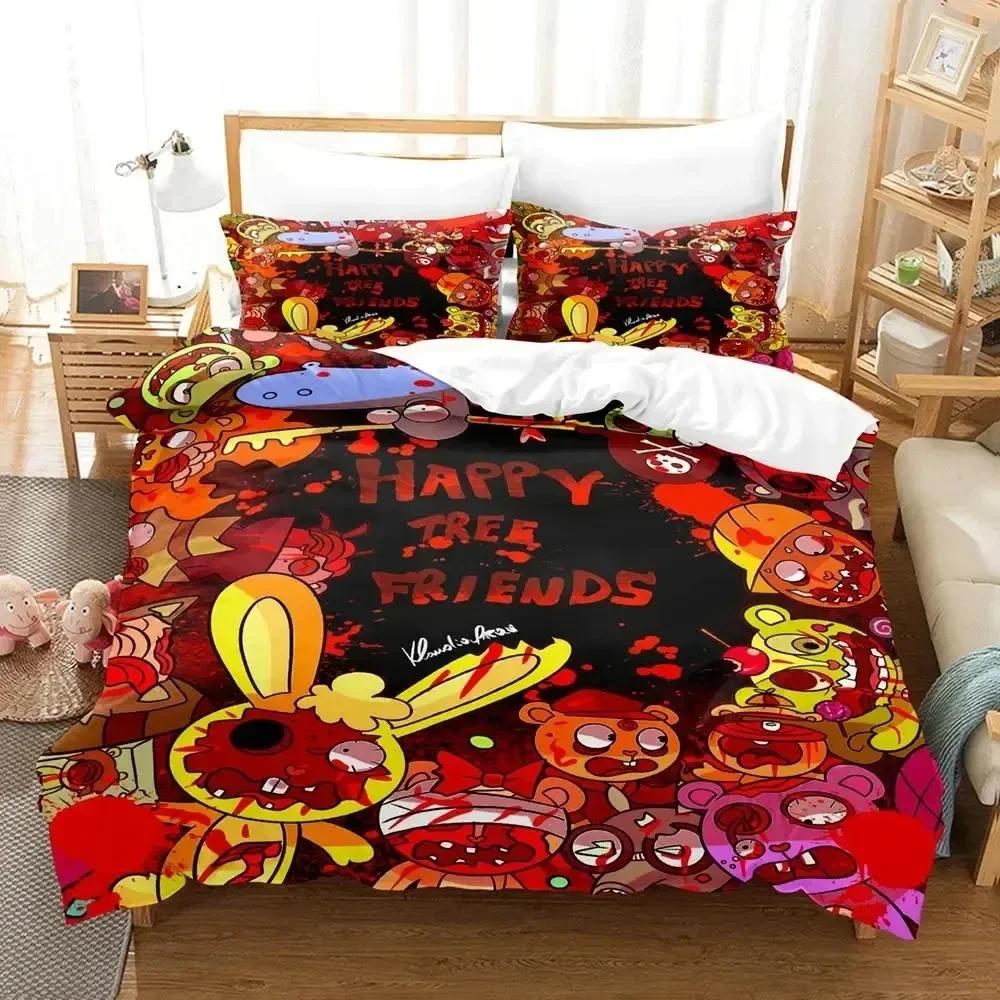 Juego de Ropa de Cama de Dibujos Animados Happy Tree Friends Funda Nórdica Juego de Cama Funda de Colcha Funda de Almohada Edredón tamaño King Queen Niños Ropa de Cama para Adultos