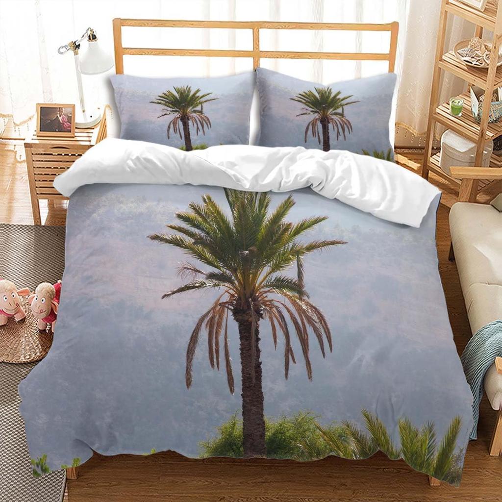 Comforter Coconut Trees Vintage Red Flower Hawaiian Tropical Leaves Comforter Palm Tree Bedding Set With