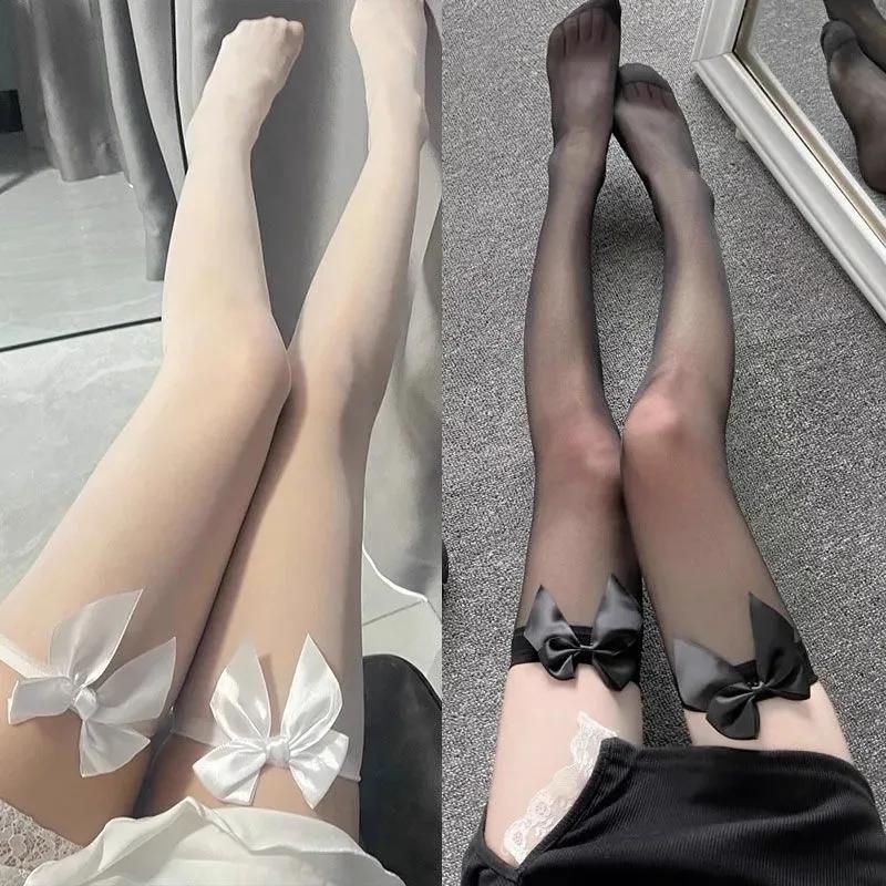 Kawaii Bow Long Stocking Jk Lolita Bowknot Fishnet Stockings For Women Spicy Girls Black White Sexy Ins Trendy Lace Tights
