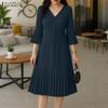 ZANZEA Women Casual V-Neck Solid Color 3/4 Sleeve Pleated Dress