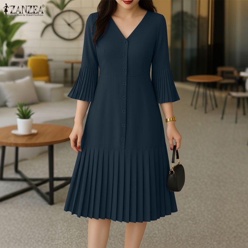 ZANZEA Women Casual V-Neck Solid Color 3/4 Sleeve Pleated Dress