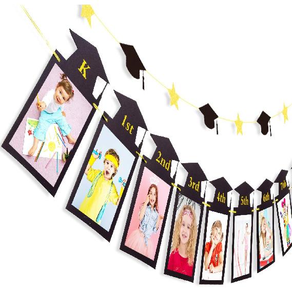 Whaline 2Pcs Graduation Photo Banner, Congrats Grad Banner, No DIY Require Hanging Bunting, Kindergarten to 12th Grade Picture Garland with Blue Gold