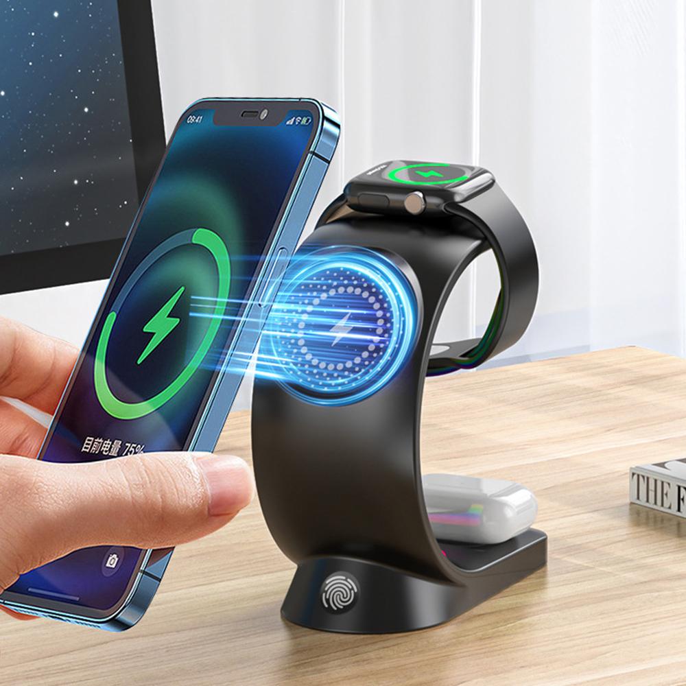 

T17 3-in-1 RGB Light Magnetic Wireless Charger for iPhone 12/13/14/15 Series Desktop Fast Charging Stand Compatible with MagSafe Black