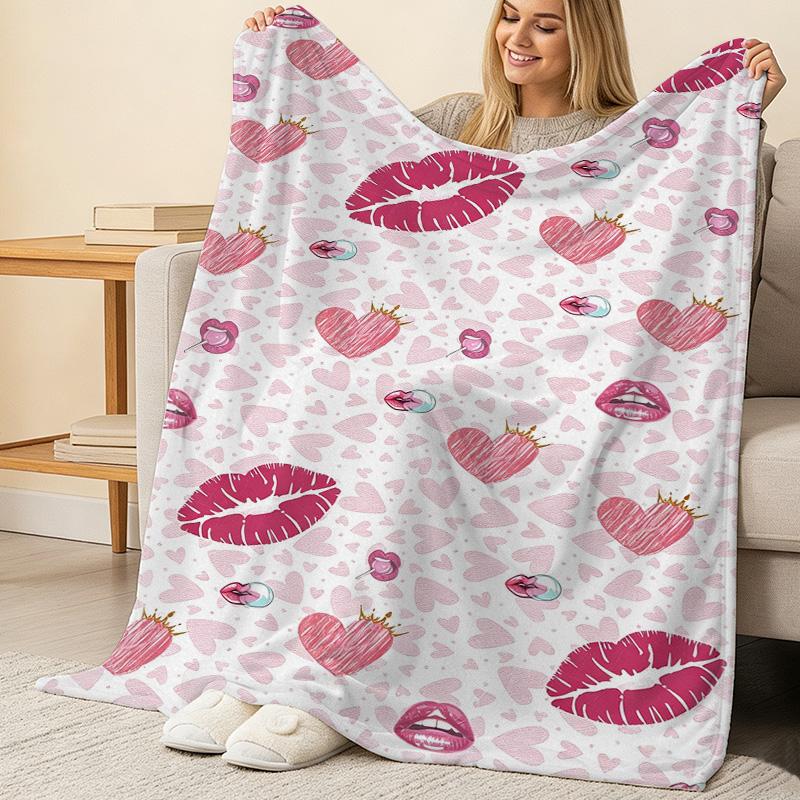 Love & Lip Print Lightweight Flannel Throw Blanket Soft, Skin-Friendly Cozy Blanket for Home Decor, Casual Use, Valentine’s Day Gift