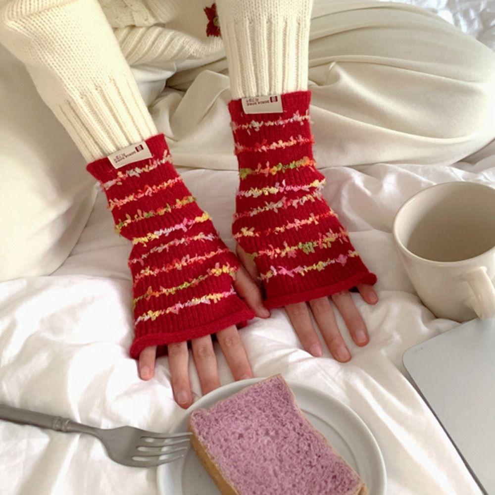 

Y2k Women Winter Gloves Thickened Fingerless Mittens Simple Stripes Knitted Gloves Girl красный