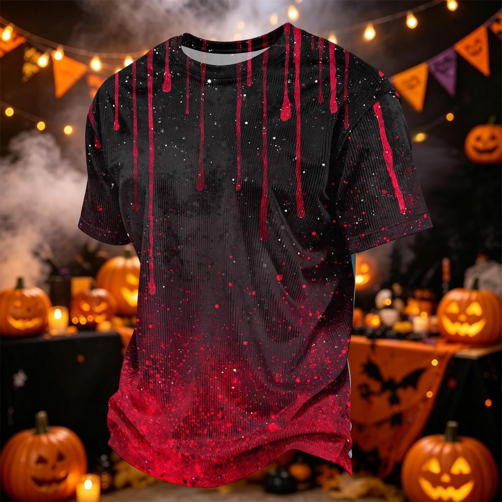 Men's Casual Corduroy Short Sleeve T-Shirt Lightweight Breathable Round Neck Halloween Pumpkin Print Top Comfortable Fit